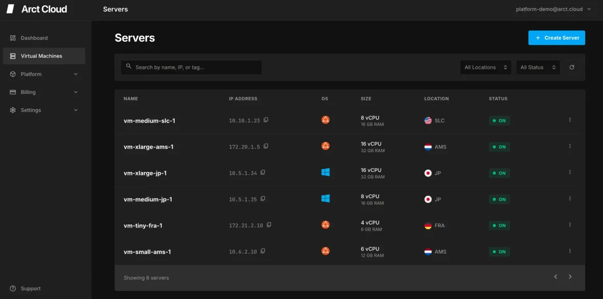 Arct Cloud console server list with name, IP address, OS, size, location, and status columns